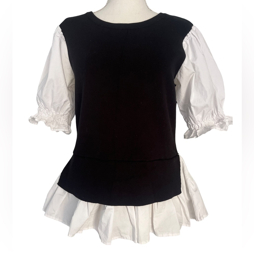 Anthropologie Black and White Crew Neck Ruffle Blouse